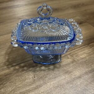 Indiana Glass Blue Lace Edge Horizon Blue Pedestal Candy Dish Lid Compote Footed